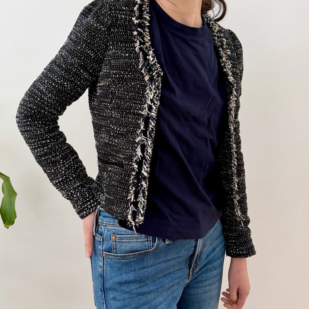 Maison Scotch Dark Navy & Cream Sparkle Tweed Jacket, Frayed Trim  - XS